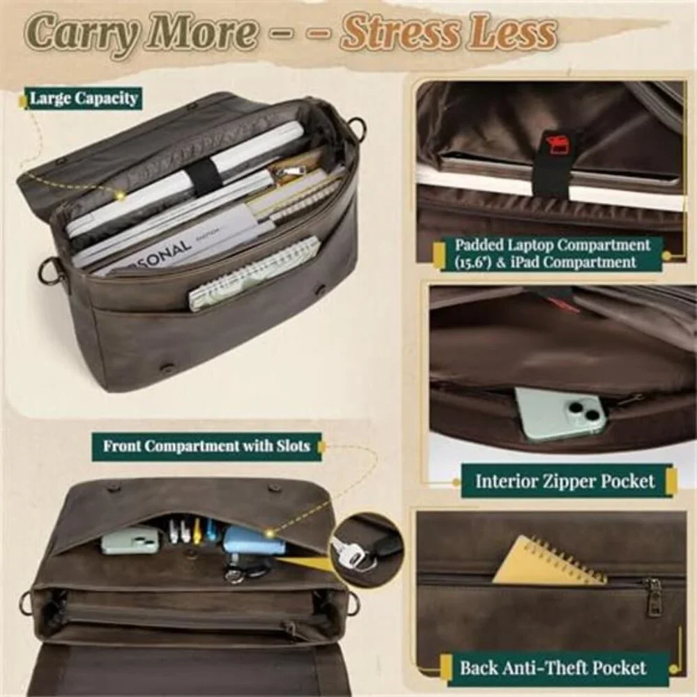 Vintage Flap Messenger Bag for Men PU Leather Laptop Bag 15.6 Inch